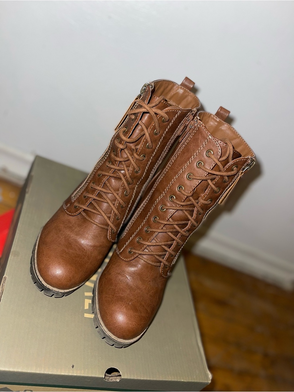 Women’s Tan Lace-Up Combat Boots with Side Zipper